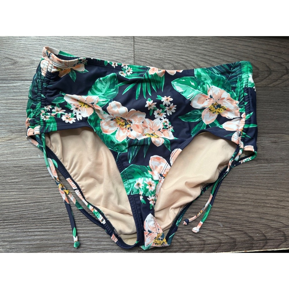 Kona Sol Floral‎ High Waist Bikini Bottoms Ruched Tie Sides Plus Size 14W